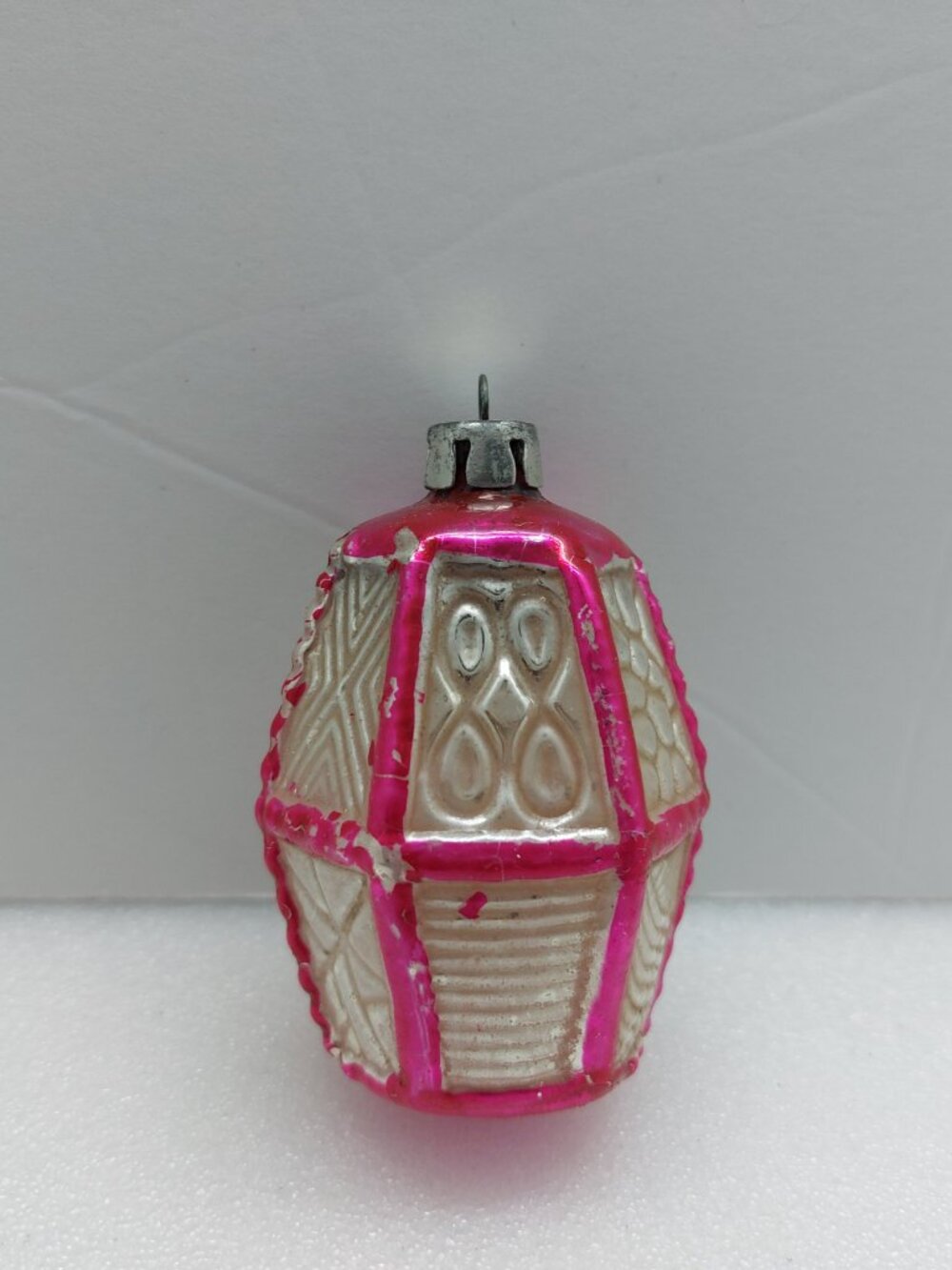 Vintage Mercury Glass Christmas Ornament Poland Pink & Silver Lantern Shape